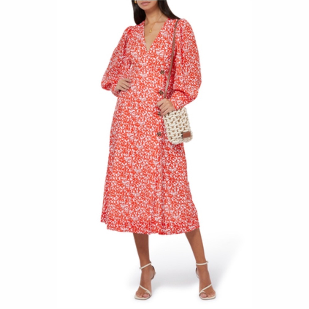 GANNI F6901 Mini Floral Button Wrap Crepe Midi Dress Size EU 34 - Picture 1 of 9